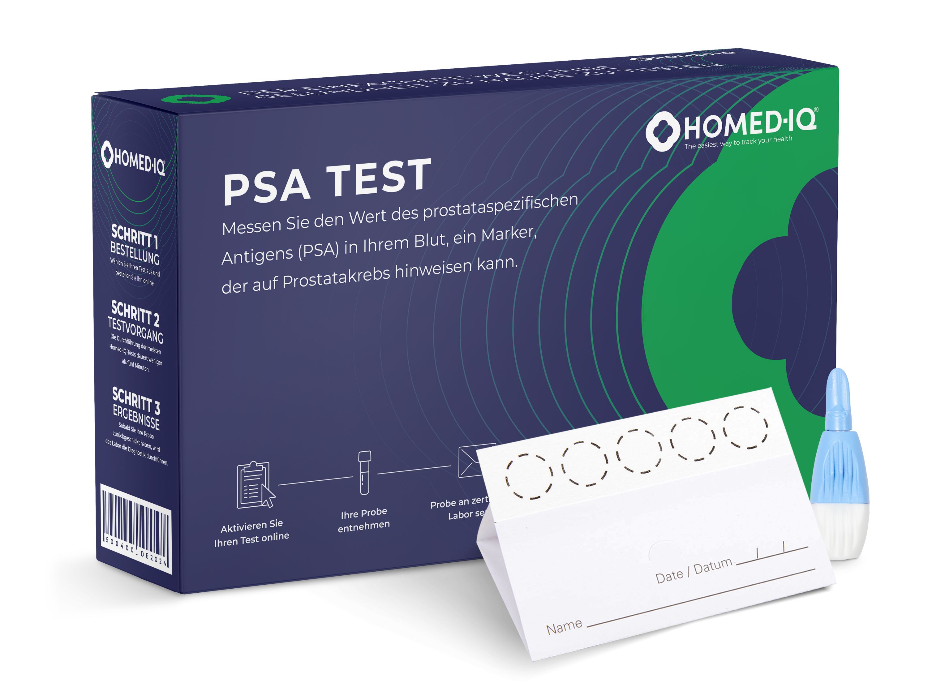 Homed-IQ PSA Test-Kit. Enthält eine Box, ein Testformular, und eine blaue Pipette. Box mit Text: PSA TEST, HOMED-IQ.