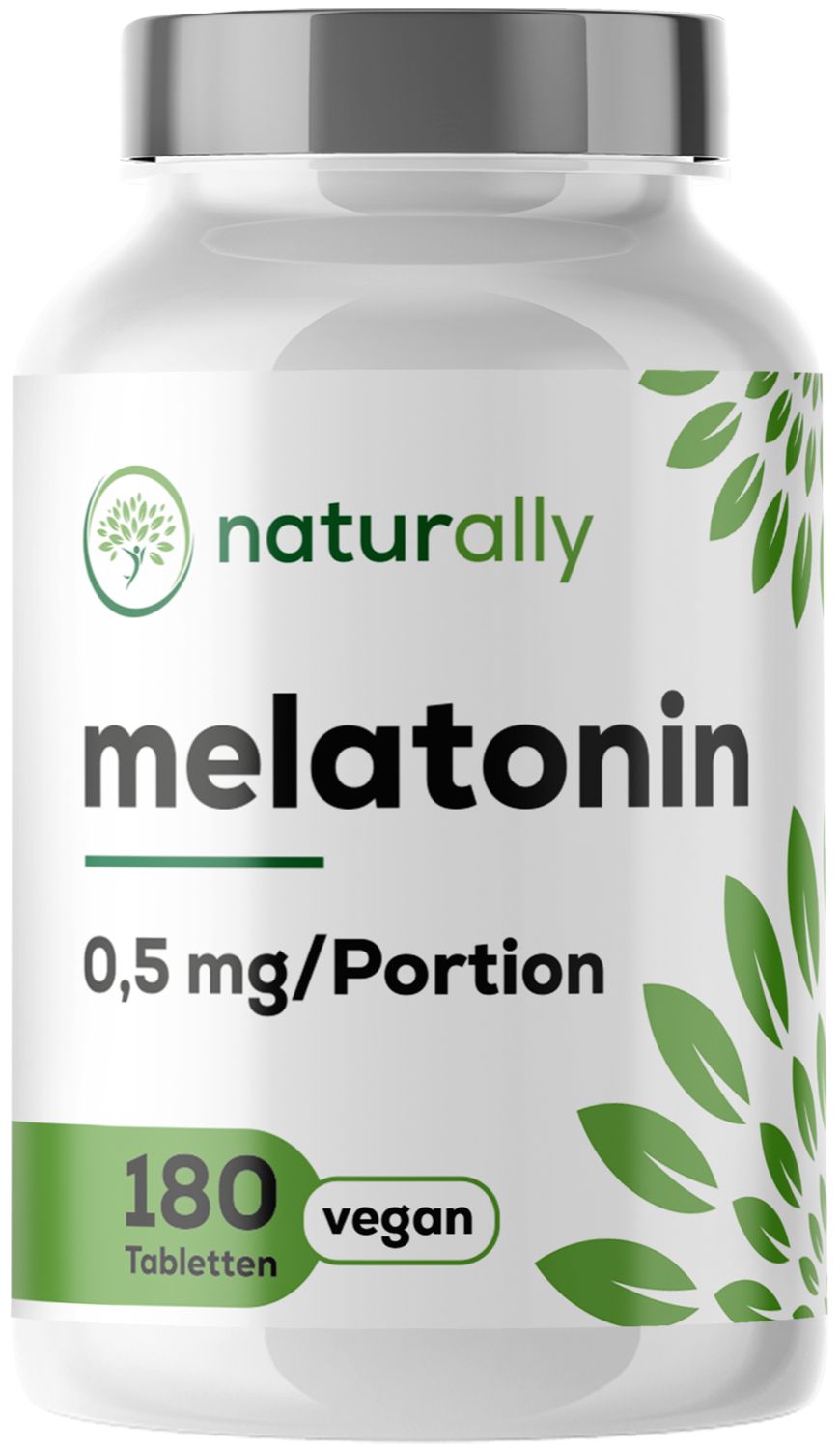 Weißes Pillenfläschchen mit grünem Etikett. Aufschrift: naturally Melatonin, 0,5 mg/Portion, 180 Tabletten, vegan.