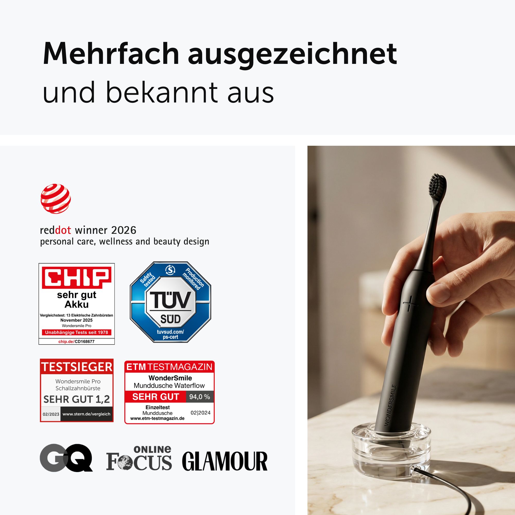 Auszeichnungen: Red Dot, CHIP, TÜV, TestSieger, GQ, Focus, Glamour.