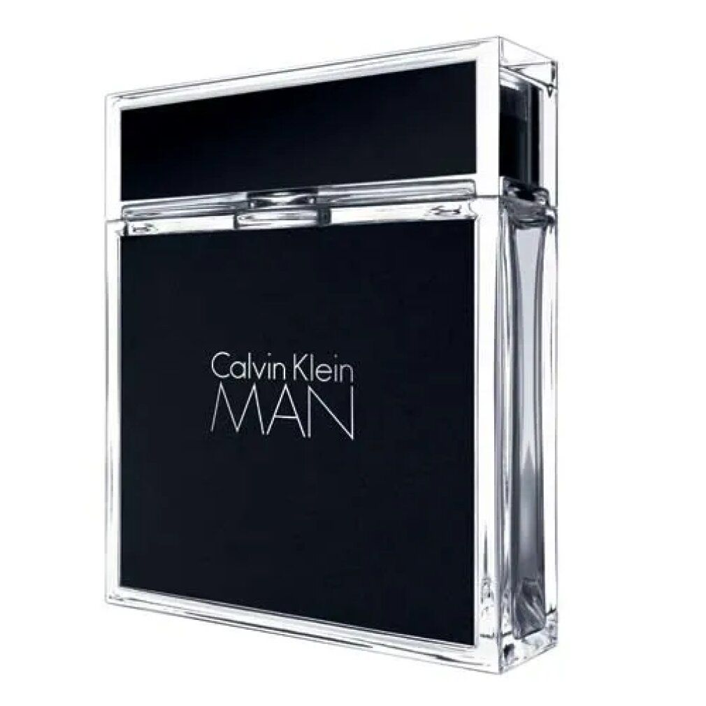 Calvin Klein MAN Flakon, rechteckig, transparent mit schwarzer Front. Schriftzug MAN und Calvin Klein. Transparenter Deckel.