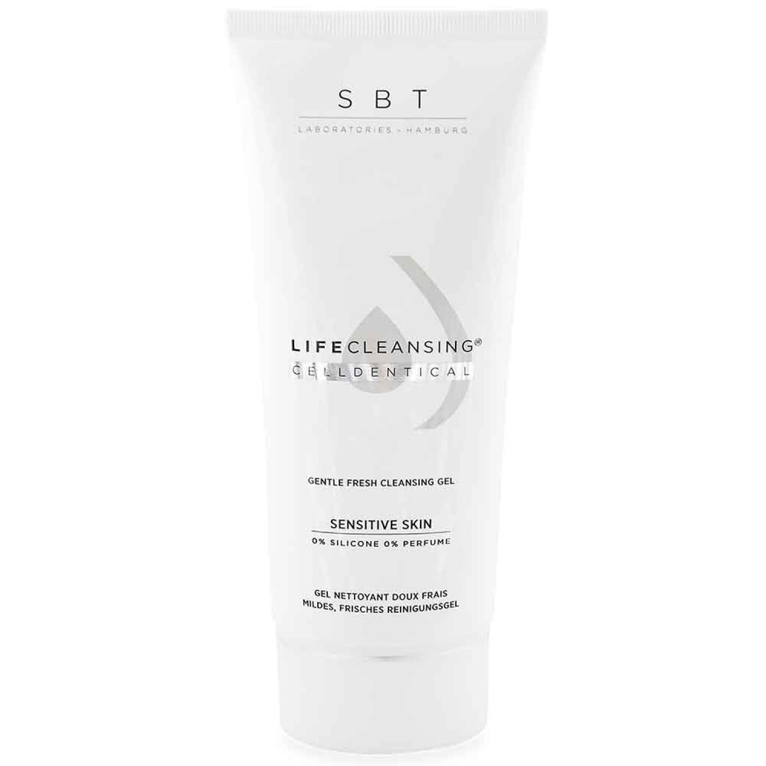 Weiße Tube mit Schriftzug SBT, LifeCleansing Celldentical. Aufschrift: Sensitive Skin, 0% Silikon, 0% Parfum. Gel für empfindliche Haut.