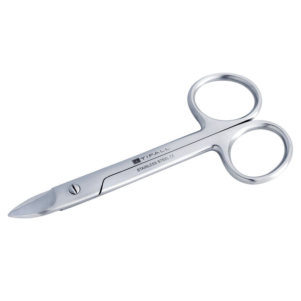 Nagelschere aus Edelstahl. Mit zwei Griffringen und spitzer Spitze. Marke: TIPALL. Aufschrift: Stainless Steel CE.