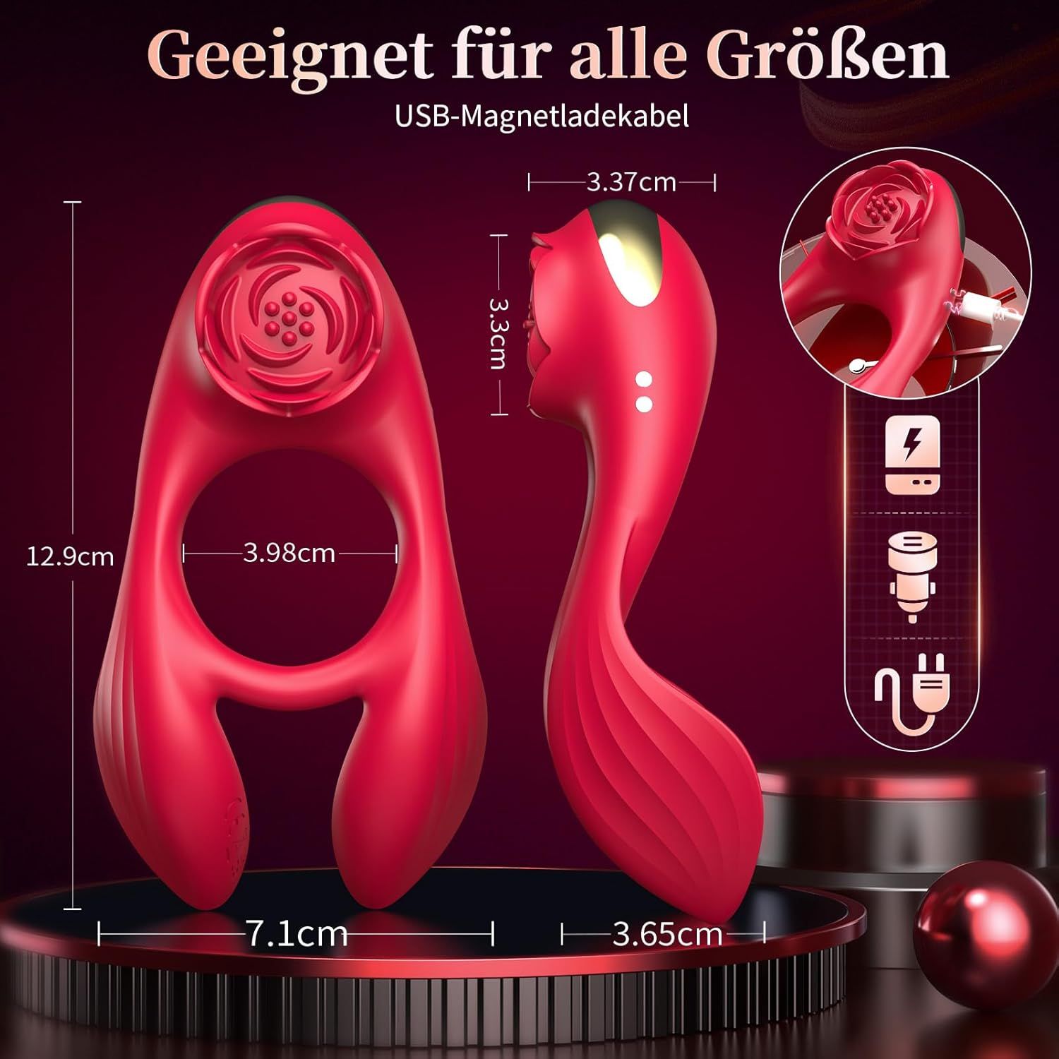 Roter Vibrator mit rosenförmigem Aufsatz. Zwei Ansichten mit Maßen. Text: Geeignet für alle Größen. USB-Magnetladekabel.