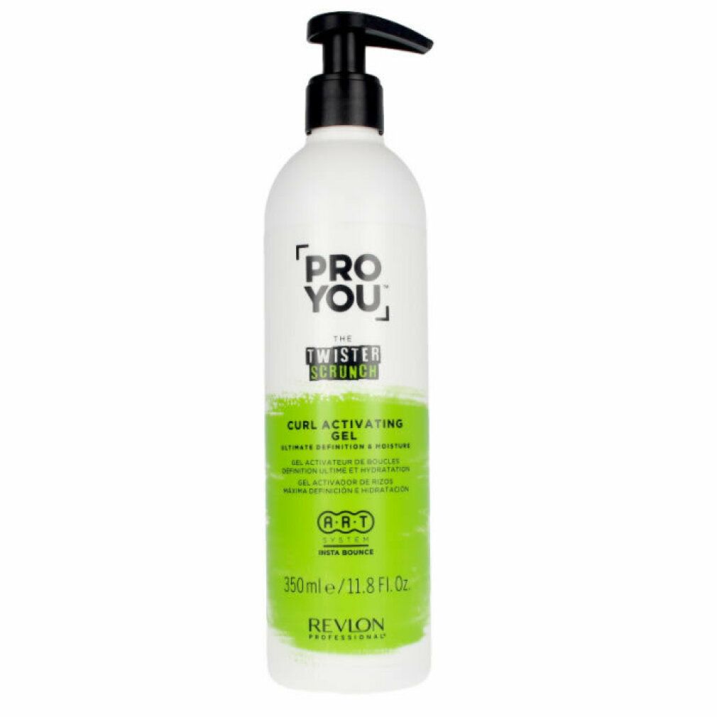 Weißer Flakon mit schwarzem Pumpkopf. Aufschrift: PRO YOU, THE TWISTER SCRUNCH, CURL ACTIVATING GEL. Grüne Akzente. 350ml/11.8 Fl. Oz. Revlon Professional.