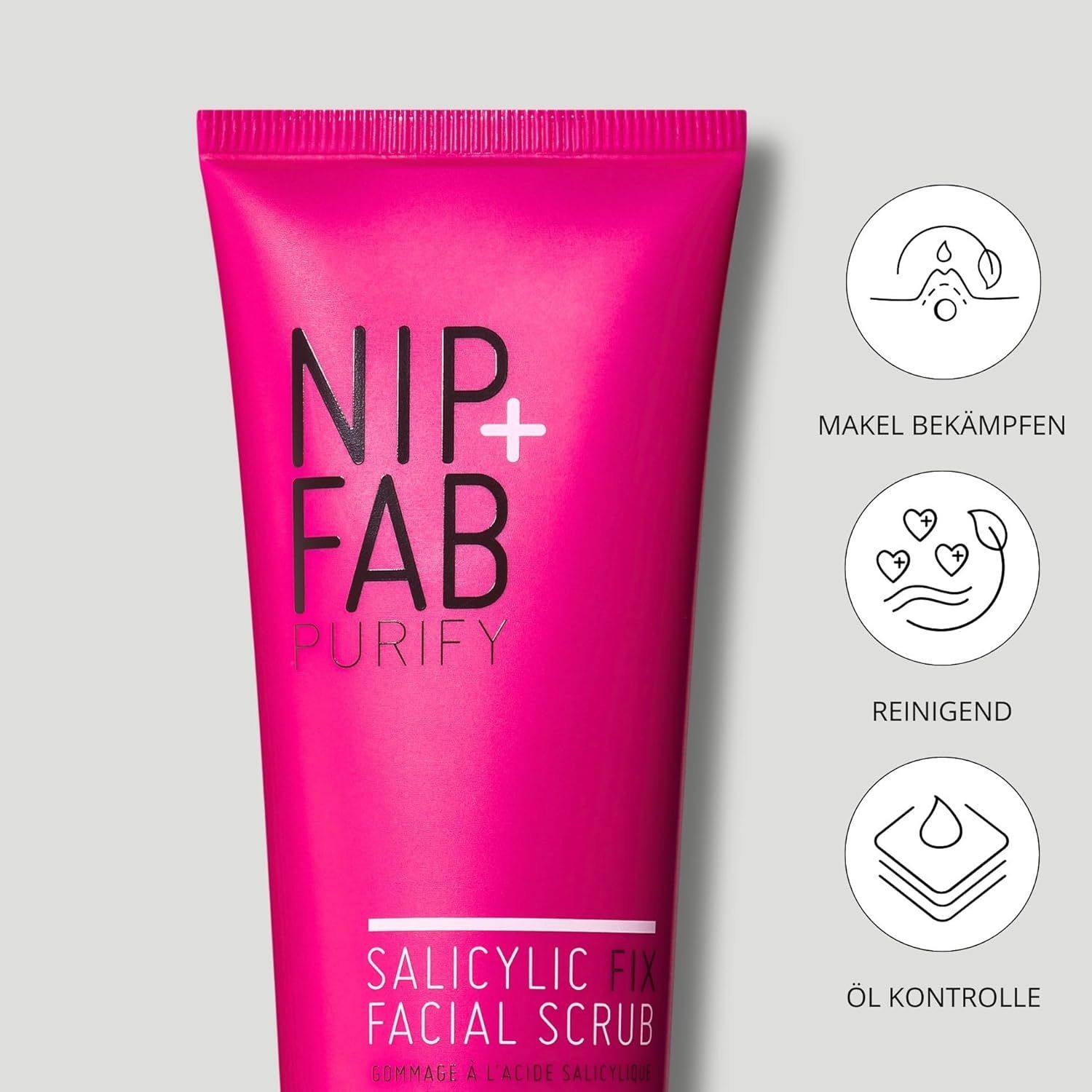 Rosa Tube mit Aufschrift: NIP+FAB, PURIFY, SALICYLIC FIX FACIAL SCRUB. Icons: Makel bekämpfen, reinigend, Öl Kontrolle.