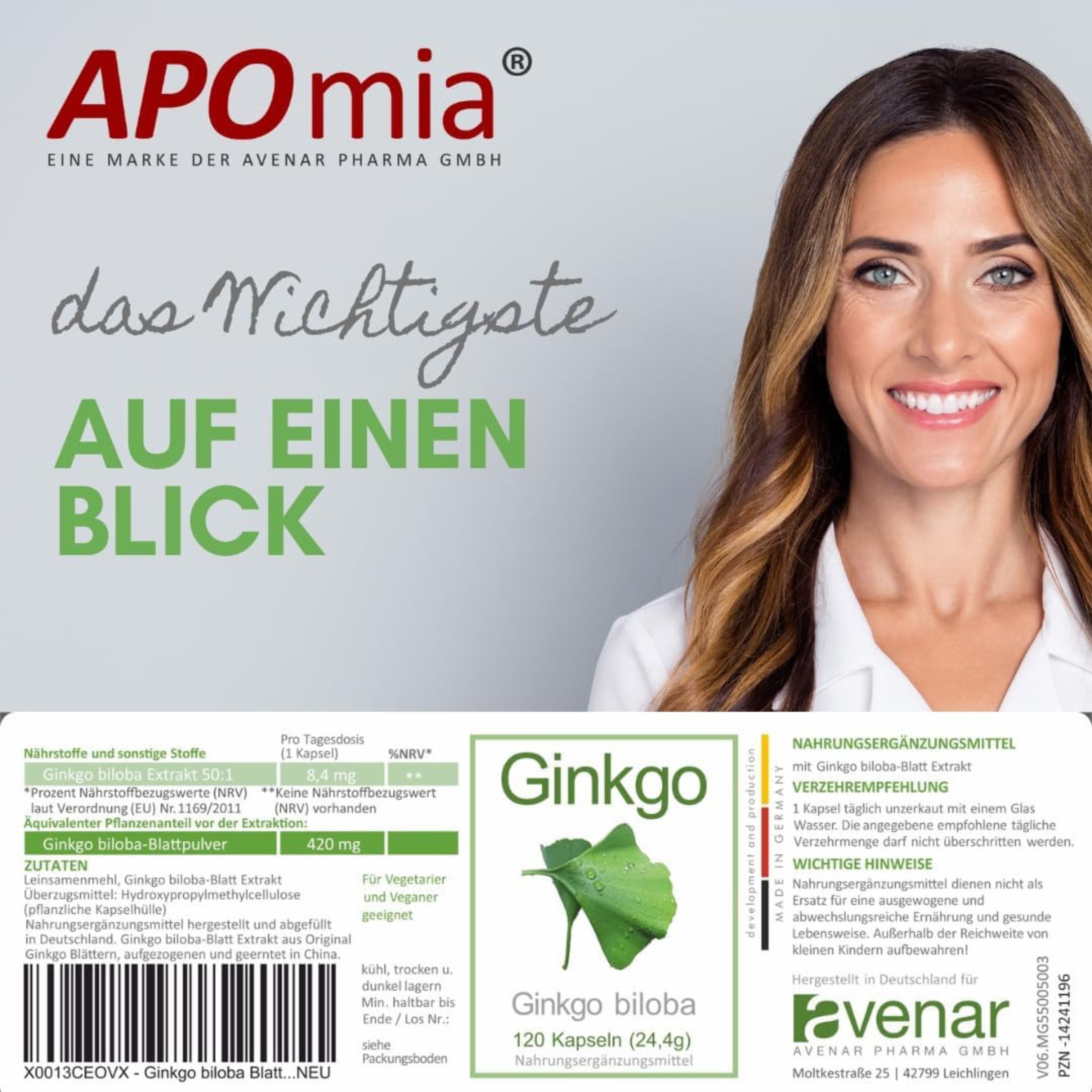 Produktinformationen und Etikett von avenar pharma® Ginkgo biloba Kapseln. Enthält Text und ein Blattmotiv.