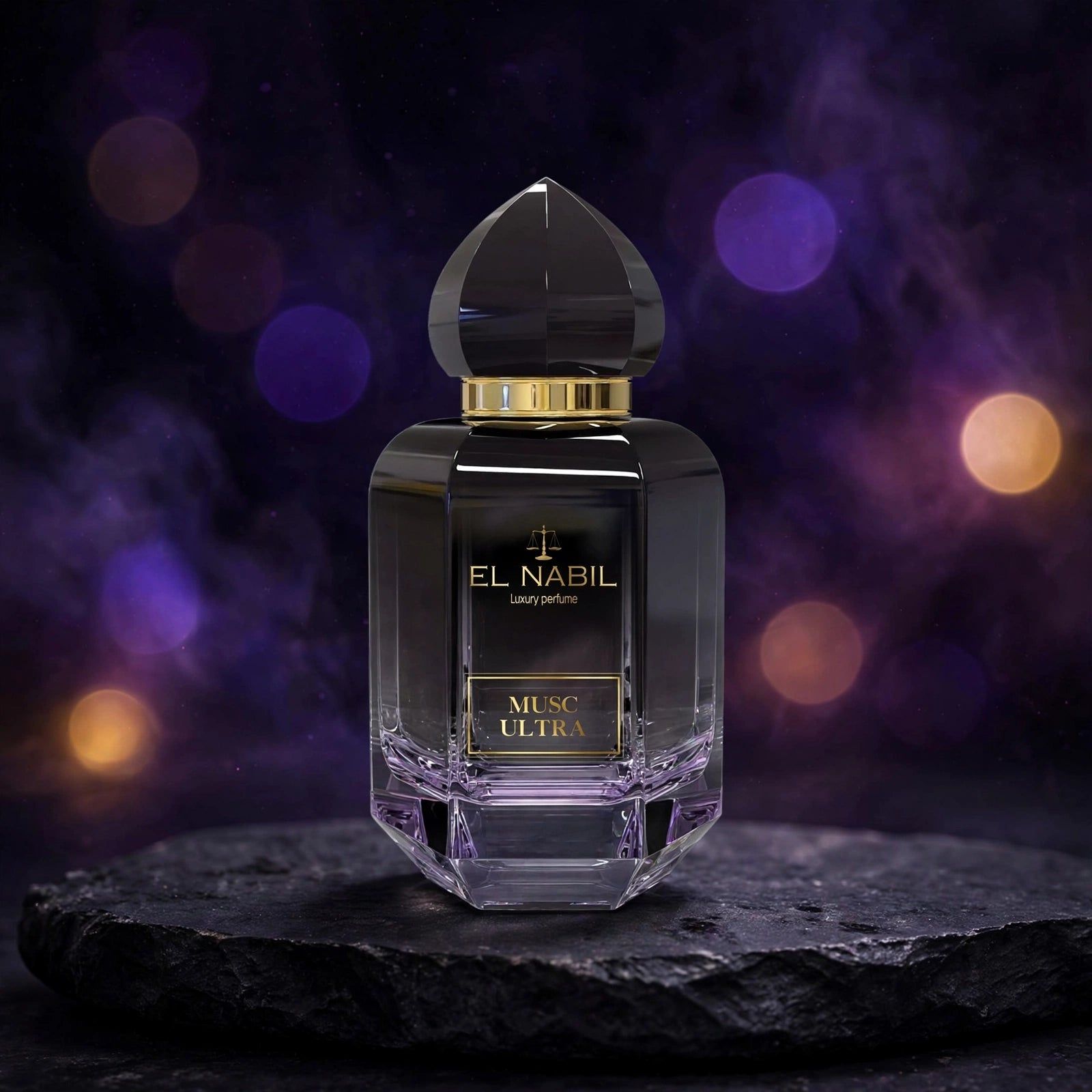 El Nabil Musc Ultra Parfumflakon, dunkelviolett, mit goldenem Ring und facettiertem Verschluss.