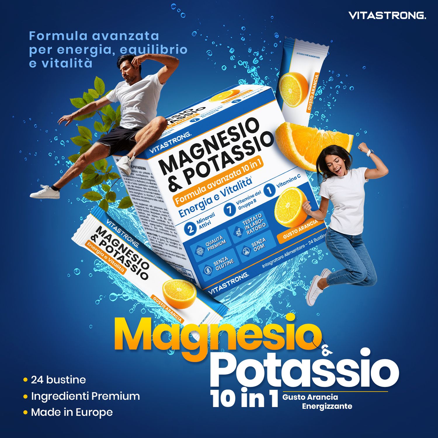 Vitastrong Magnesium & Kalium Packung und Stick. 24 Sticks. Orange-Geschmack. Personen springen und posieren mit dem Produkt.