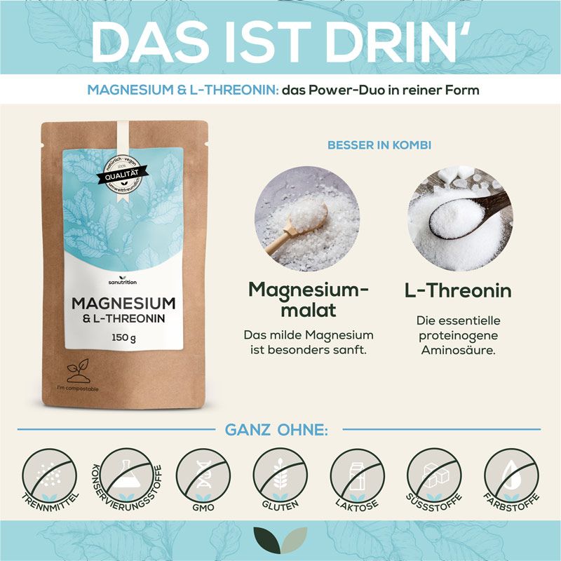 Produktabbildung mit Text. Magnesium & L-Threonin in Papierverpackung. Zusätzliche Informationen zu Inhaltsstoffen und Eigenschaften.