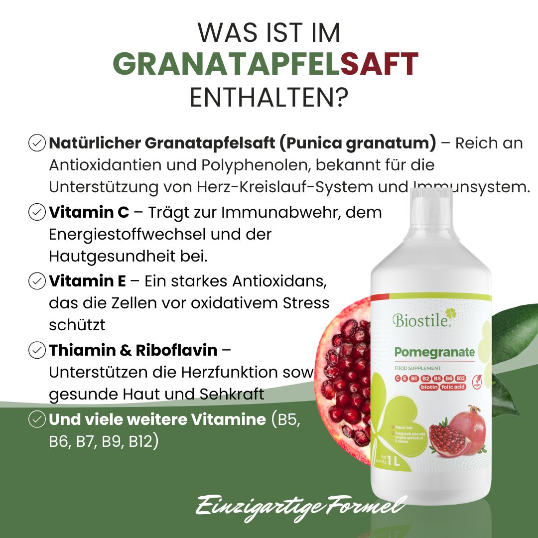 Biostile Granatapfelsaft Flasche mit Granatapfel und Vitaminliste.