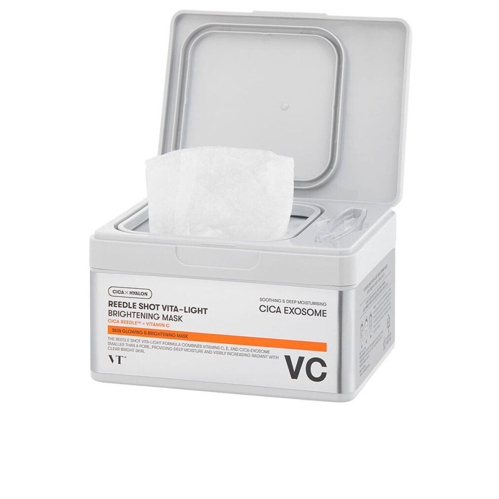 Graue Box mit Deckel, gefüllt mit Masken. Aufschrift: Reedle Shot Vita-Light Brightening Mask. Marke: VT. Offene Verpackung.