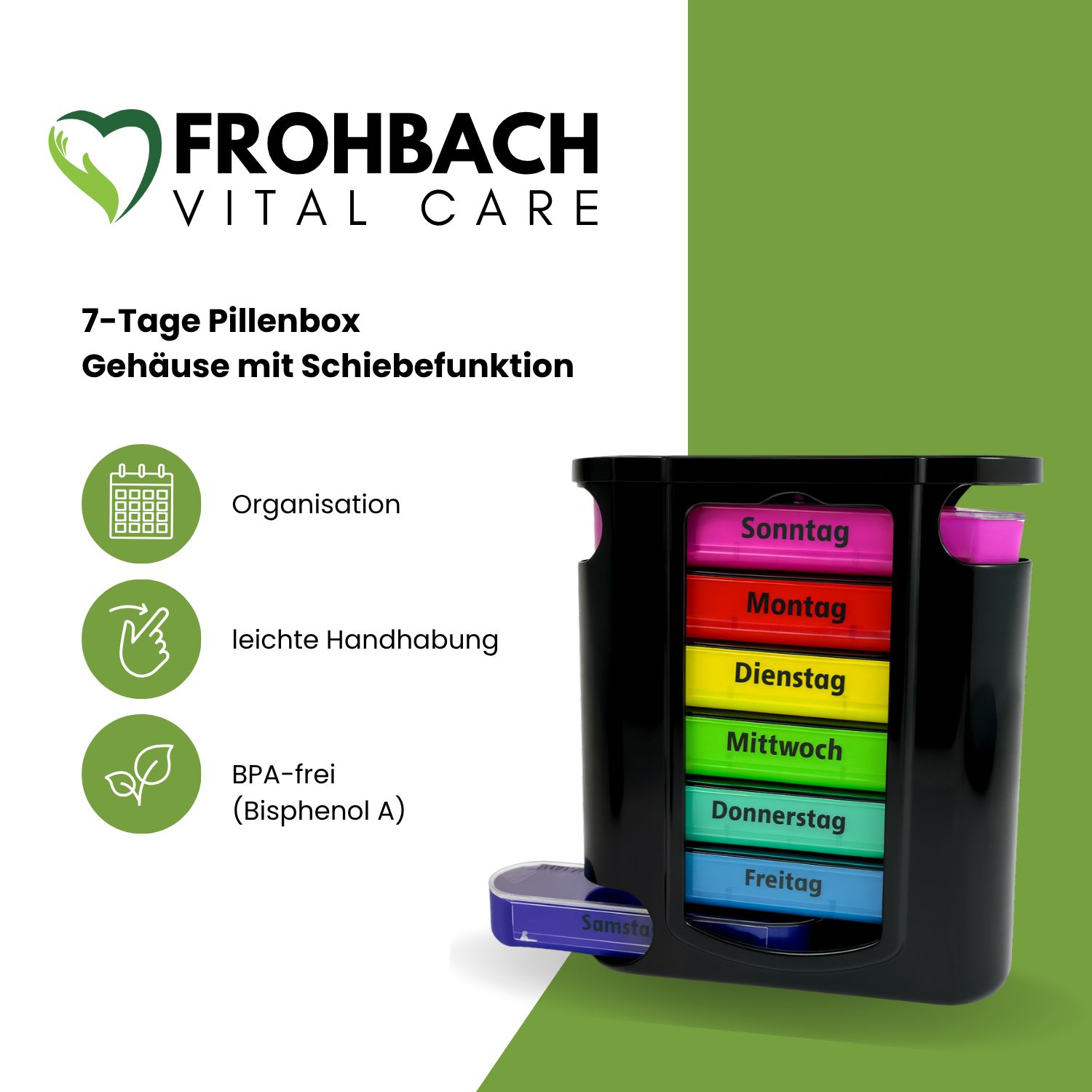 Tablettenbox mit Logo und Text. Schwarze Box mit farbigen Fächern für Wochentage. Grüne Hintergrund mit Icons.