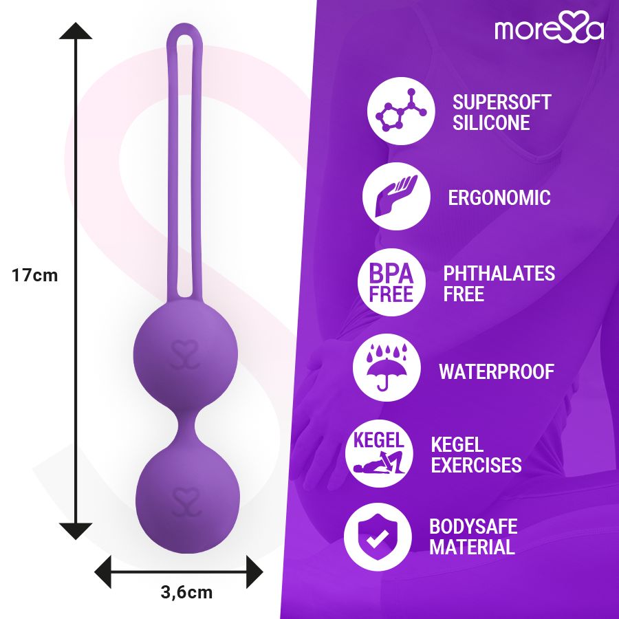Lila Kegel-Kugel mit Maßangaben: 17cm hoch, 3,6cm breit. Text: SUPERSOFT SILICONE, ERGONOMIC, BPA FREE, PHTHALATES FREE, WATERPROOF, KEGEL EXERCISES, BODYSFE MATERIAL.