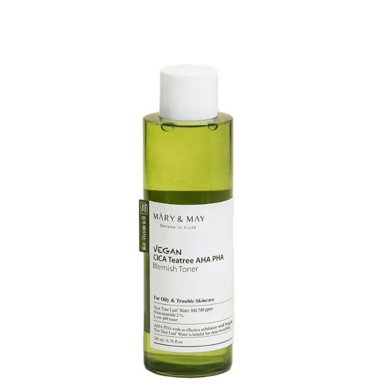 Grüne Flasche mit weißem Deckel. Aufschrift: MARY & MAY, Vegan CICA Tea Tree AHA PHA Blemish Toner. Für ölige Haut.