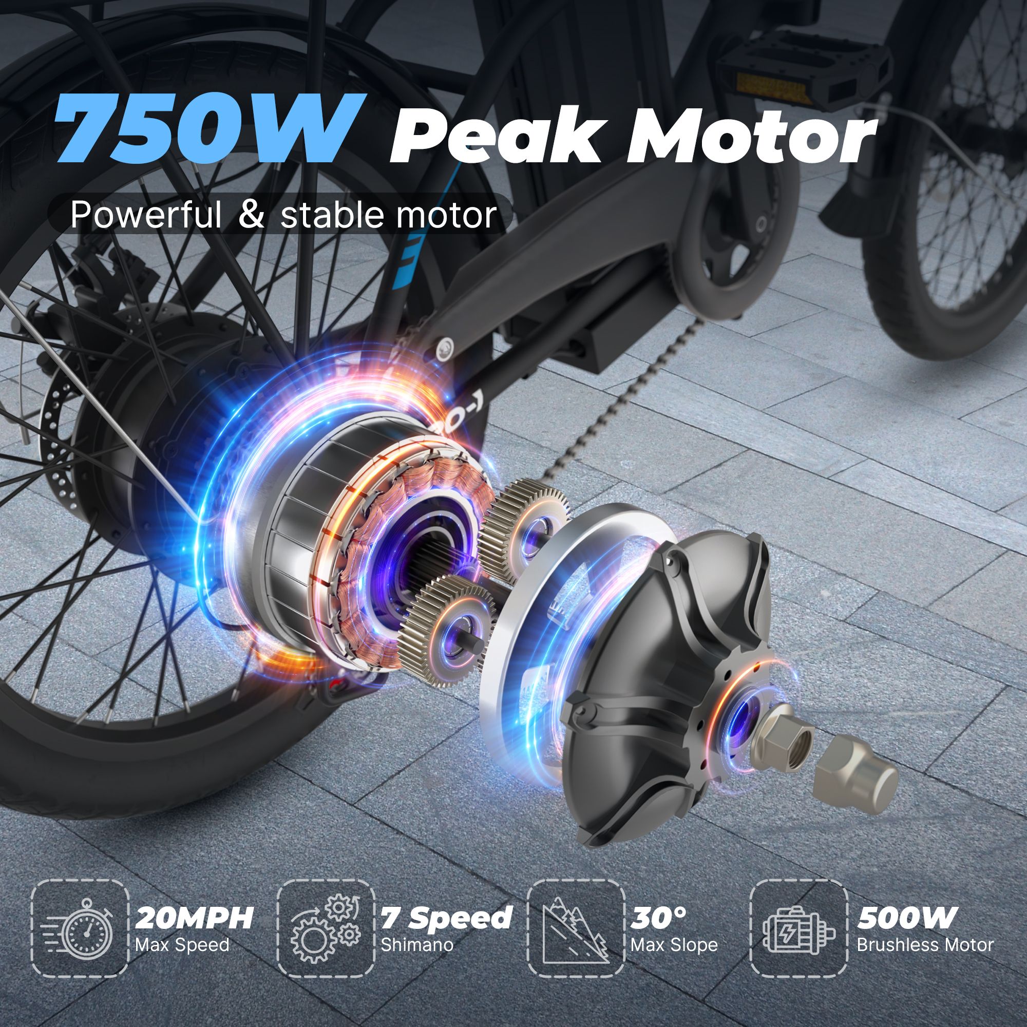 E-Bike-Motor mit 750W Leistung. Merkmale: 20MPH Max. Geschwindigkeit, 7-Gang Shimano, 30° Steigung, 500W bürstenloser Motor.