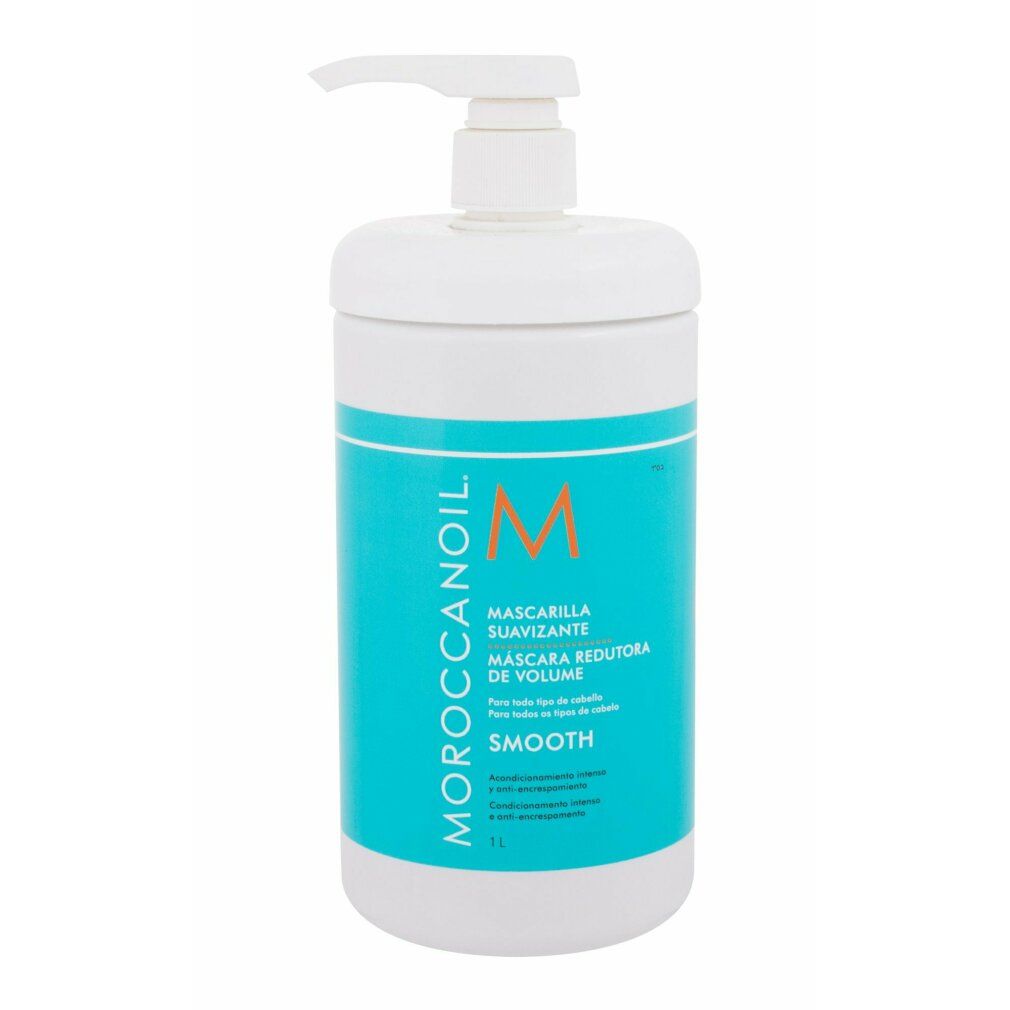 Weißer Behälter mit blauem Etikett. Aufschrift: Moroccanoil, Mascarilla Suavizante, M. Mit Pumpe.