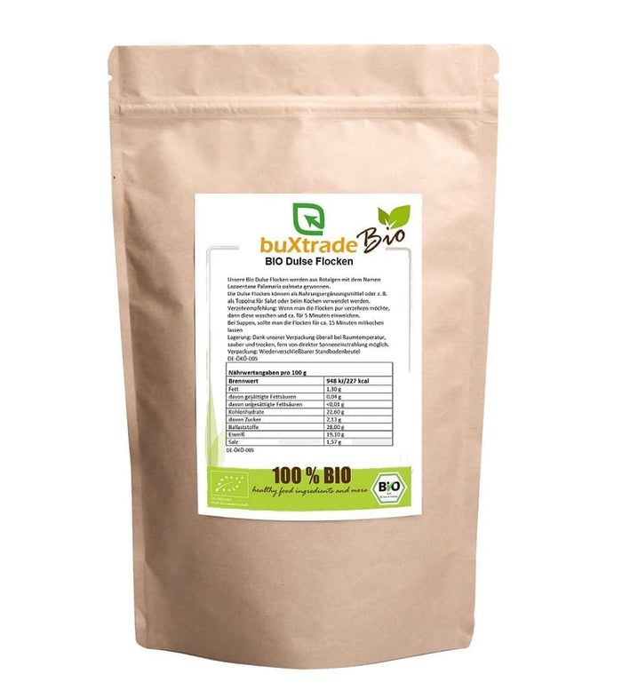 Beutel mit buXtrade Bio Dulse Flocken. Aufdruck mit Produktinformationen und Bio-Siegel.