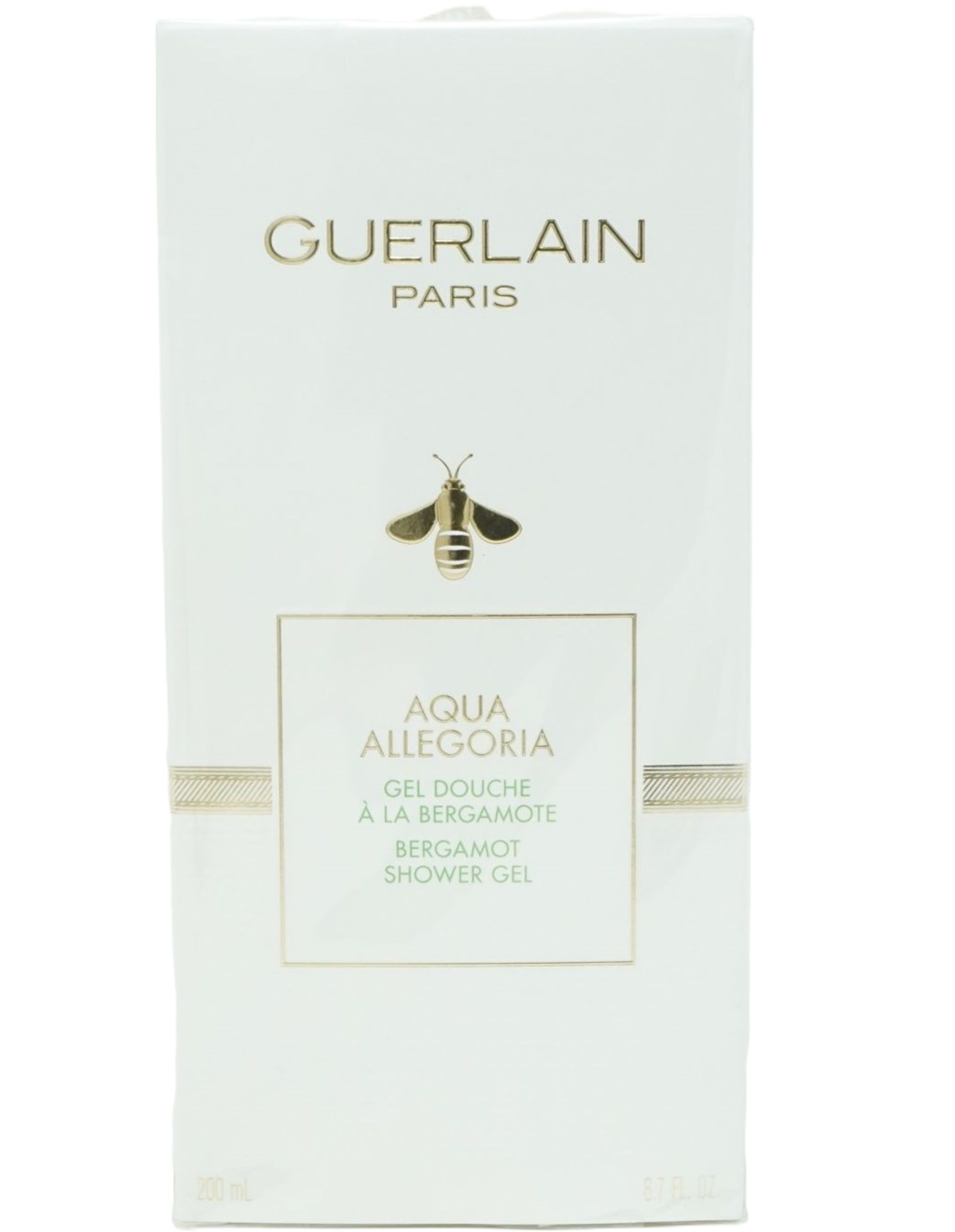 Weiße Verpackung mit goldfarbenem Logo und Schriftzug. Aqua Allegoria Bergamote, Duschgel. Abbildung einer Biene.