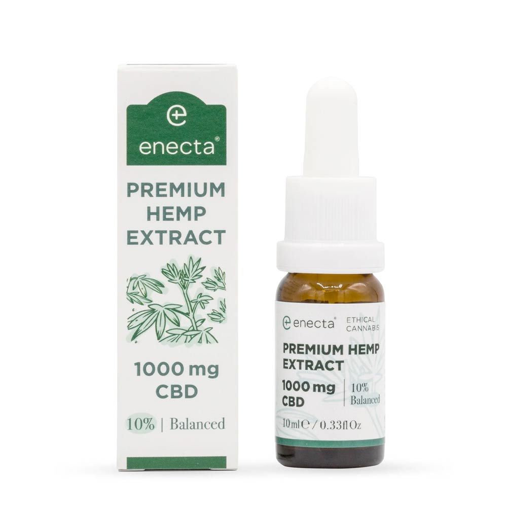 Braune Glasflasche und Schachtel mit Aufschrift "Enecta Premium Hemp Extract 10% CBD".