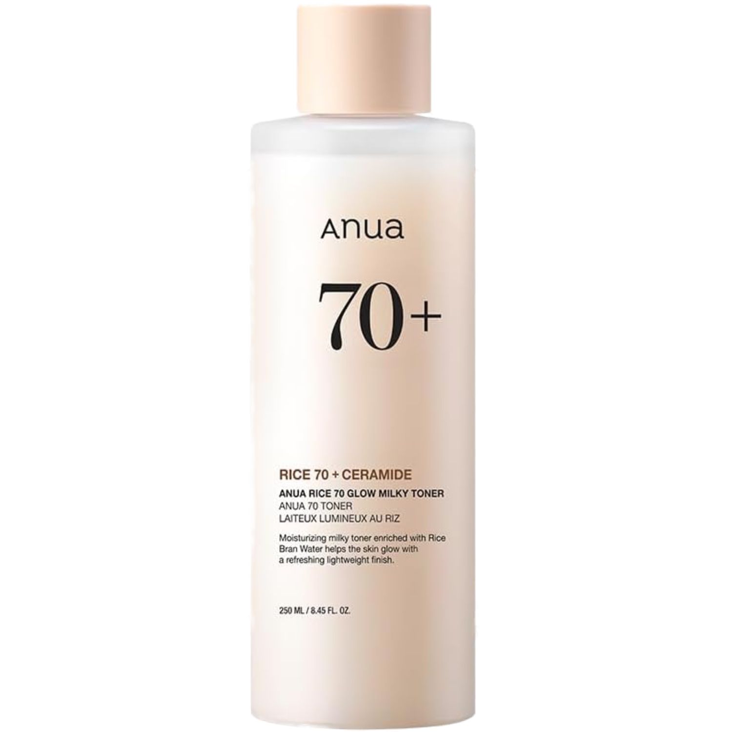 Eine Flasche mit beigem Deckel und weißer Flüssigkeit. Aufschrift: Anua, 70+, Rice 70 + Ceramide, Milky Toner.