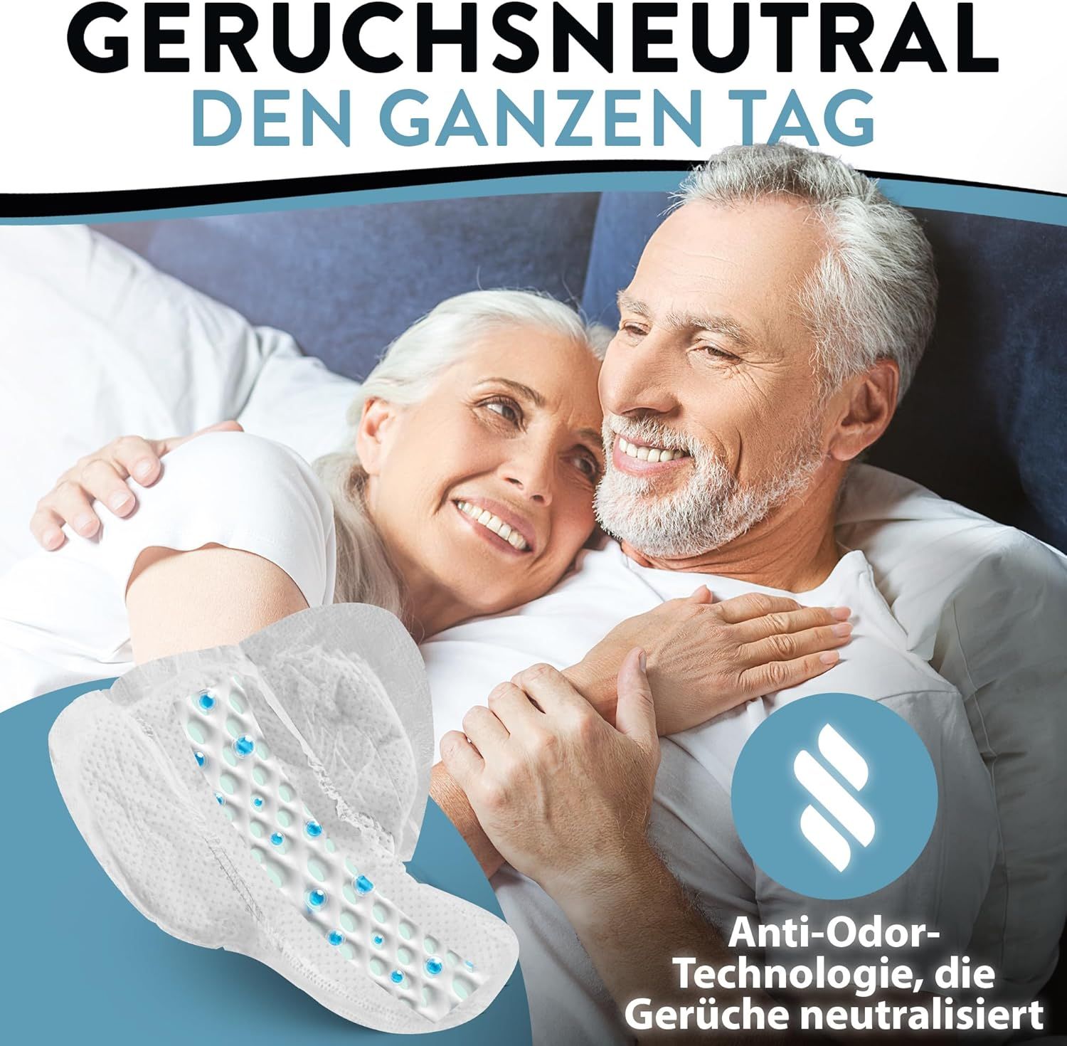Paar im Bett. Inkontinenzeinlage. Aufdruck: GERUCHSNEUTRAL, Anti-Odor-Technologie. Marke: Harmony Care. Produktabbildung.