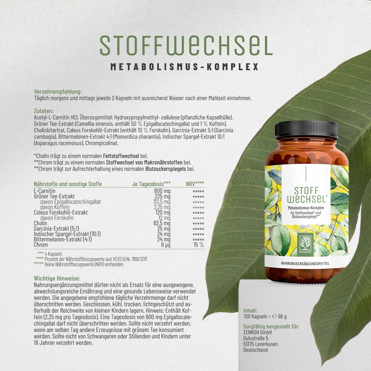 Produktbeschreibung mit Inhaltsstoffen und Nährwertangaben. Flasche mit Produktaufschrift: Stoffwechsel. 120 Kapseln.