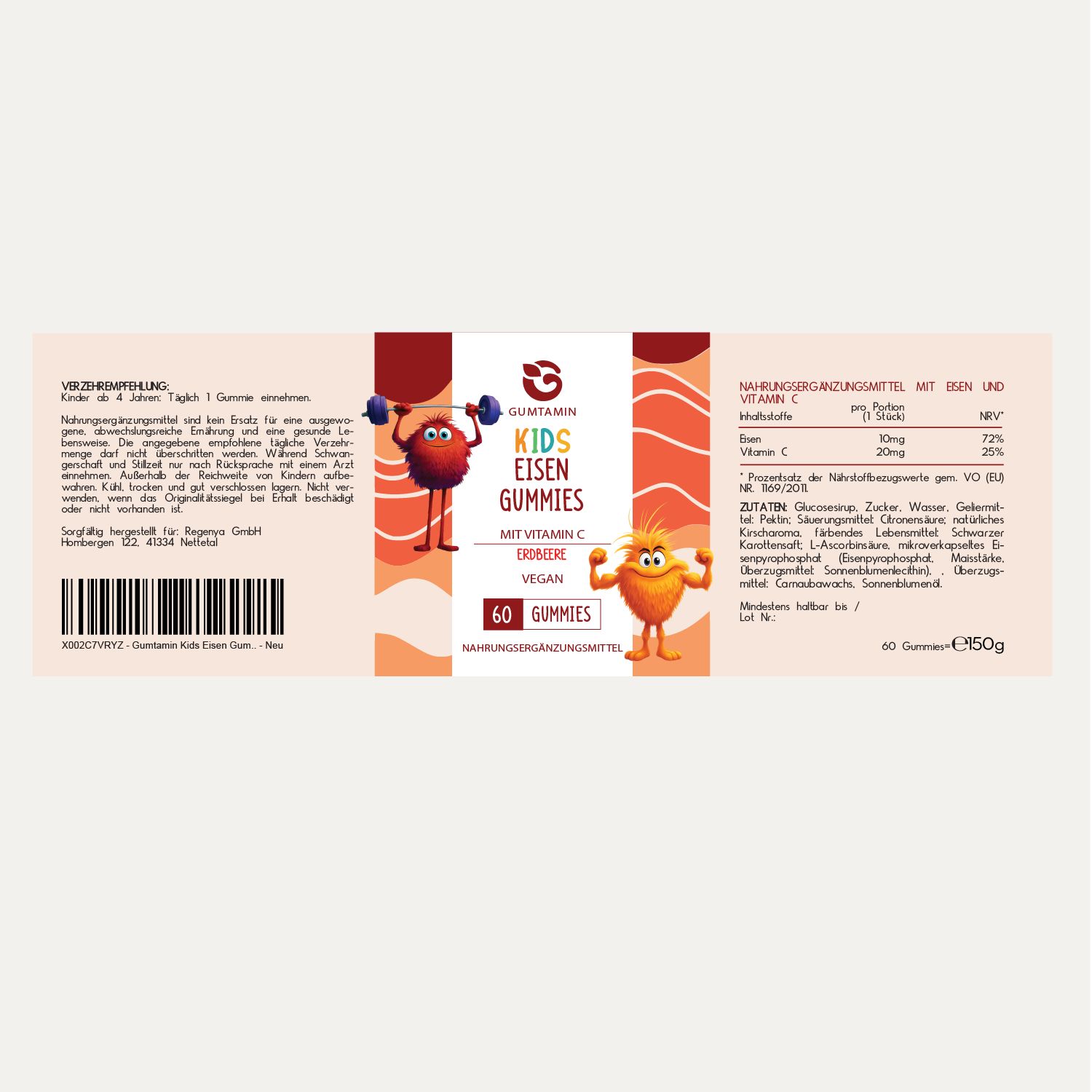 Etikett mit Produktinformationen. Aufschrift: Kids Eisen Gummies, 60 Gummies. Inhaltsstoffe und Nährwertangaben. Cartoon-Figuren.
