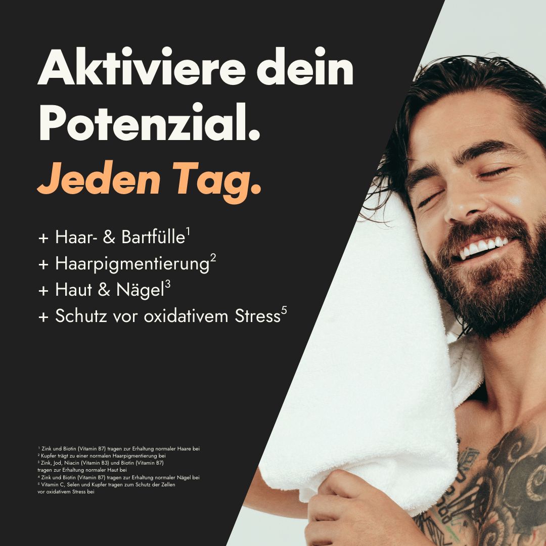 Mann mit Bart und Tattoo, hält Handtuch. Text: Aktiviere dein Potenzial. Jeden Tag. + Haar- & Bartfülle, Haut & Nägel.