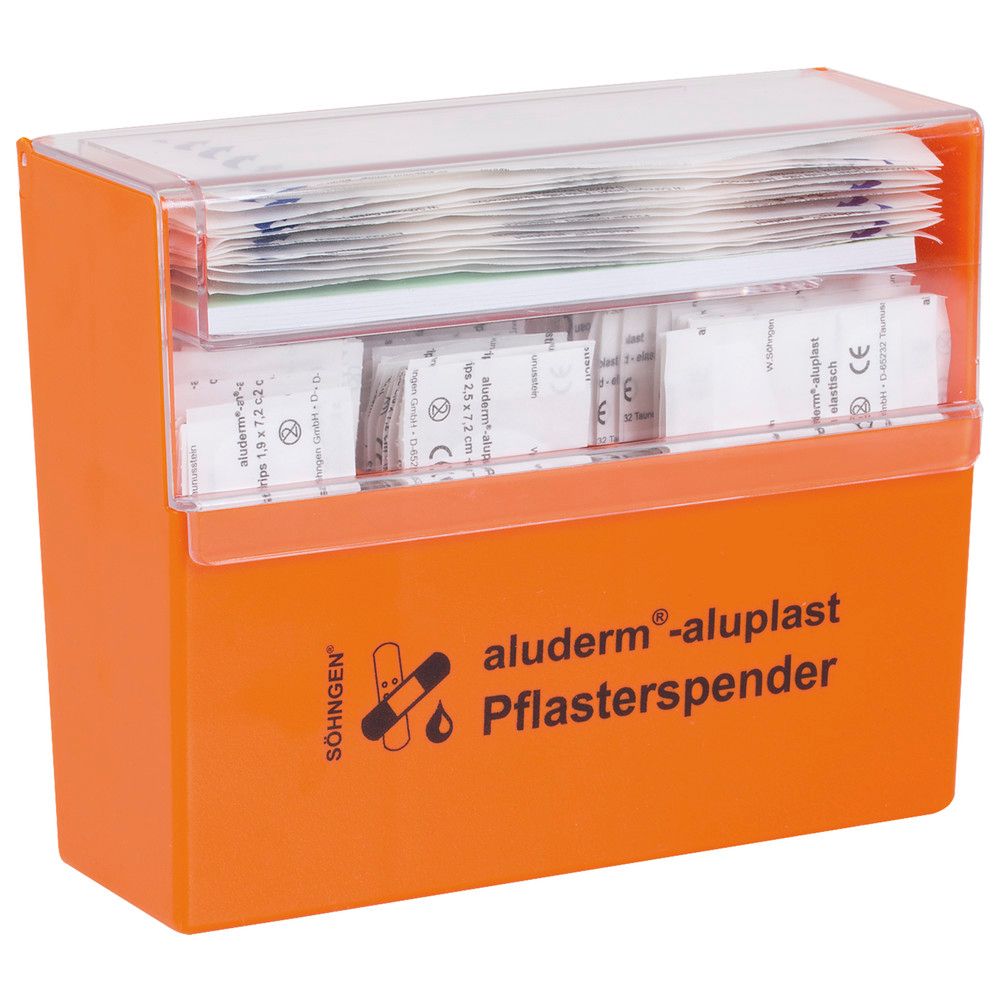 Oranger Pflasterspender mit transparentem Deckel. Enthält Pflaster. Aufschrift: aluderm-aluplast Pflasterspender.