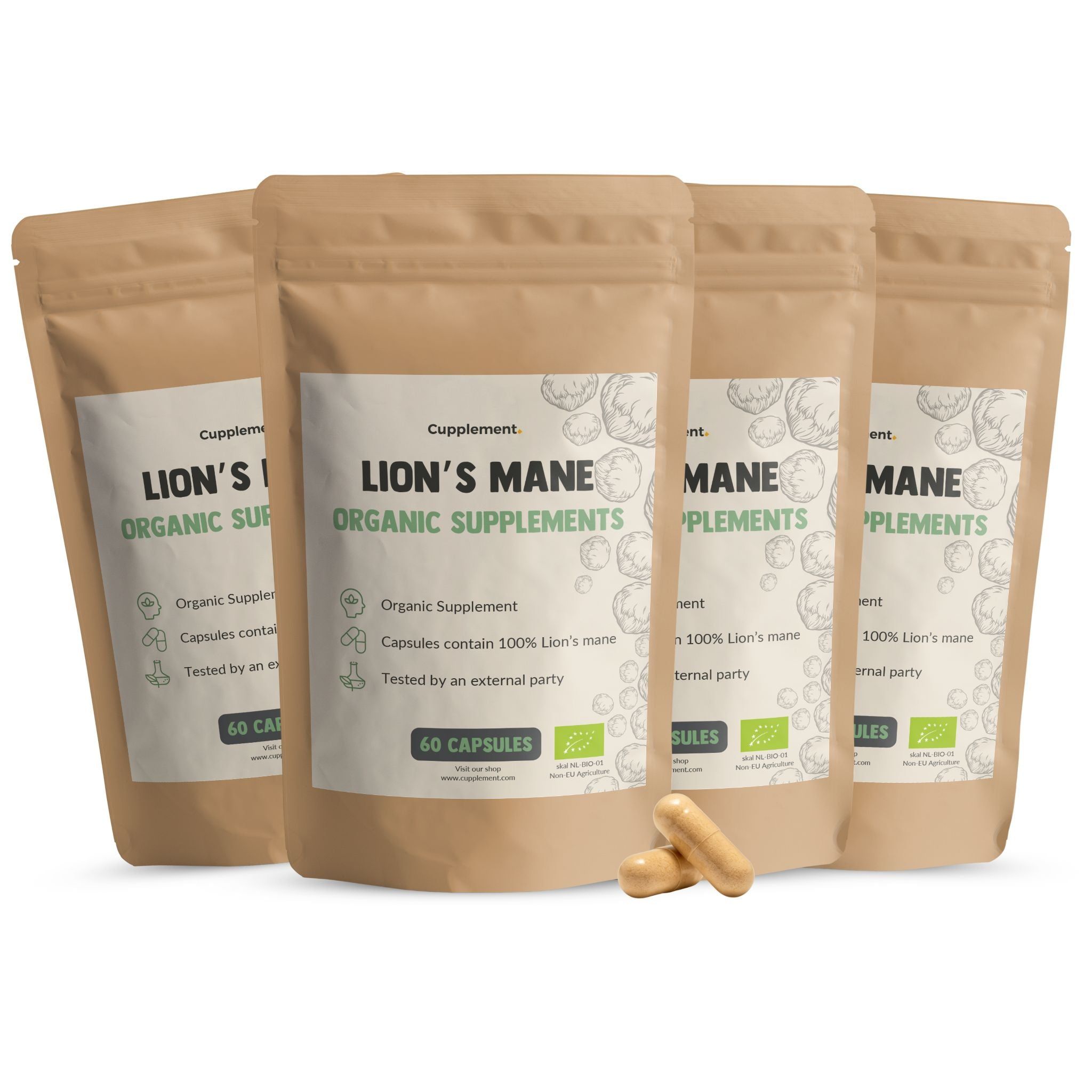Mehrere Beutel mit Kapseln. Aufschrift: Lion's Mane Organic Supplements. 60 Kapseln. BIO-Siegel.