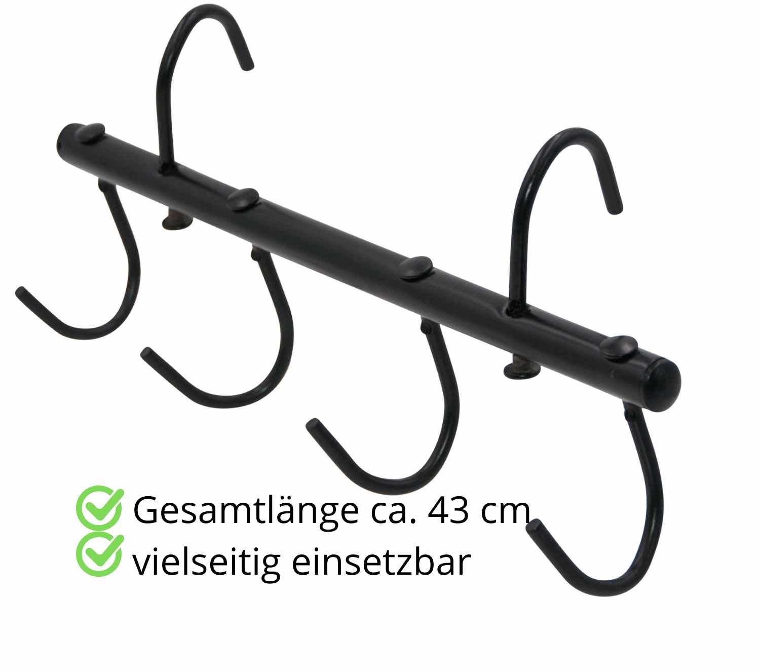 Schwarze Hängevorrichtung mit 5 Haken. Text: Gesamtlänge ca. 43 cm, vielseitig einsetzbar.
