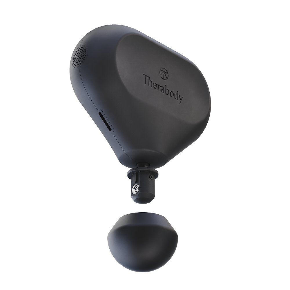 Schwarzes Massagegerät mit abnehmbarem Kopf. Der Schriftzug "Therabody" ist sichtbar.