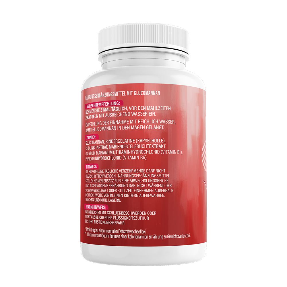 Rückseite einer weißen Flasche mit rotem Etikett. Text: Nahrungsergänzungsmittel mit Glucomannan. Inhaltsstoffe, Hinweise.