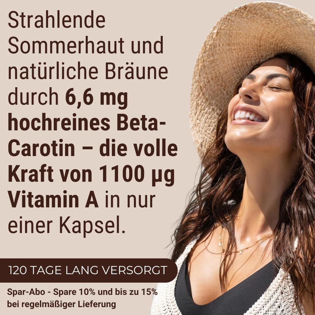 Text: Strahlende Sommerhaut und natürliche Bräune durch Beta-Carotin. Frau mit Hut lächelt.