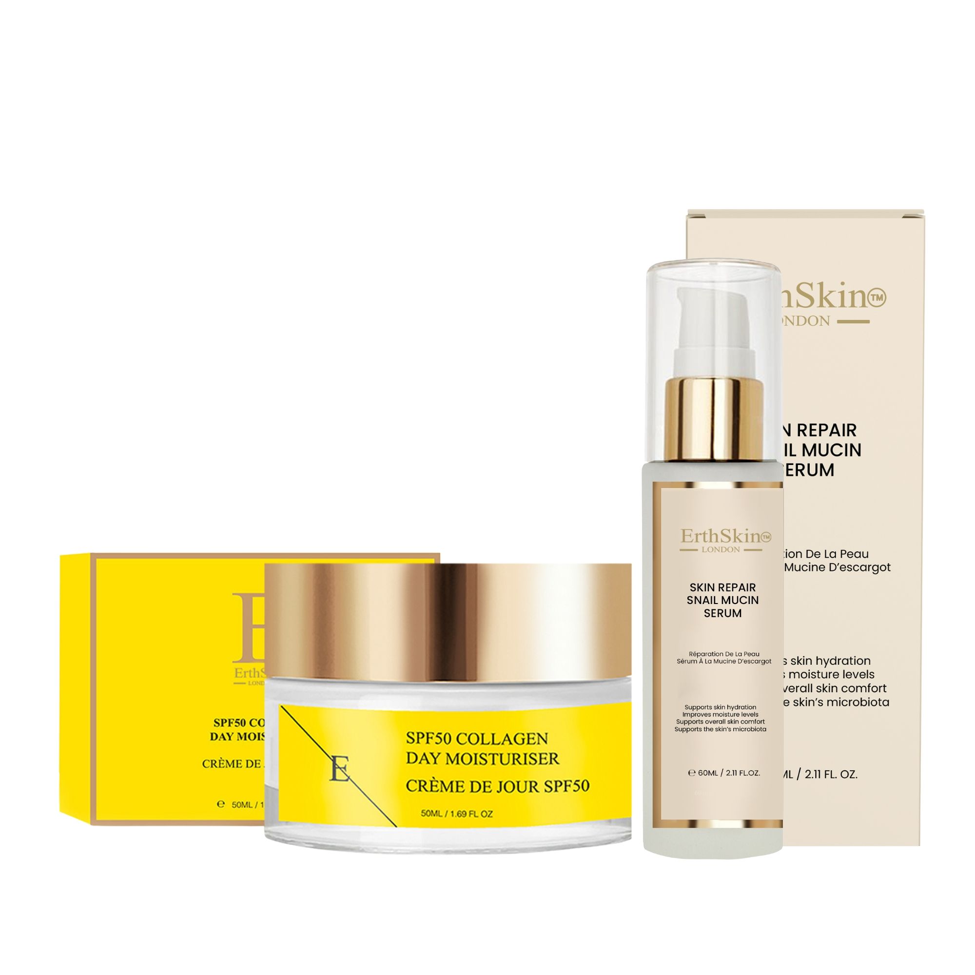 ErthSkin London Hautregenerierendes Schneckenserum und Kollagen-Tagescreme mit LSF 50.