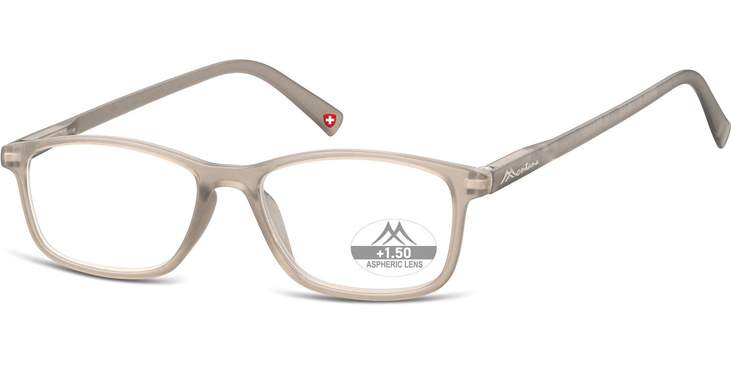 Brille mit rechteckigem Rahmen, grau. Auf dem Glas steht "+1.50 ASPHERIC LINE". Schweizer Kreuz am Bügel.