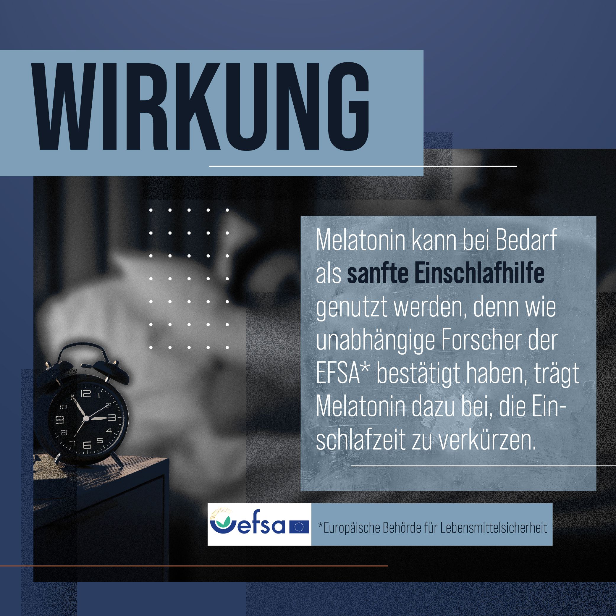 Grafik mit dem Wort WIRKUNG. Text erklärt, dass Melatonin als sanfte Einschlafhilfe verwendet werden kann.