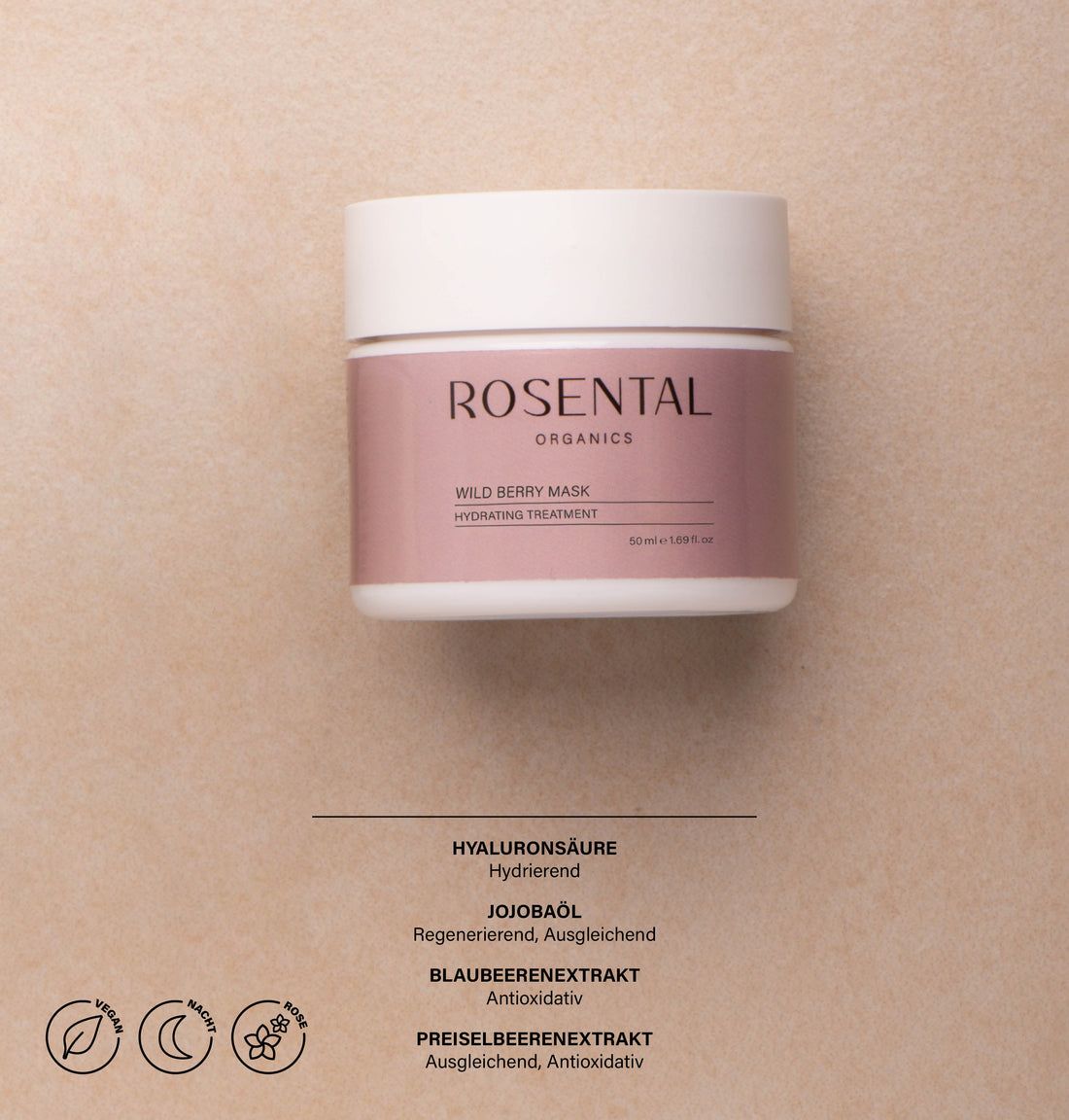 Weißer Tiegel mit Deckel. Aufschrift: Rosental Organics, Wild Berry Mask, Hydrating Treatment. Text darunter: Hyaluronsäure, Jojobaöl.