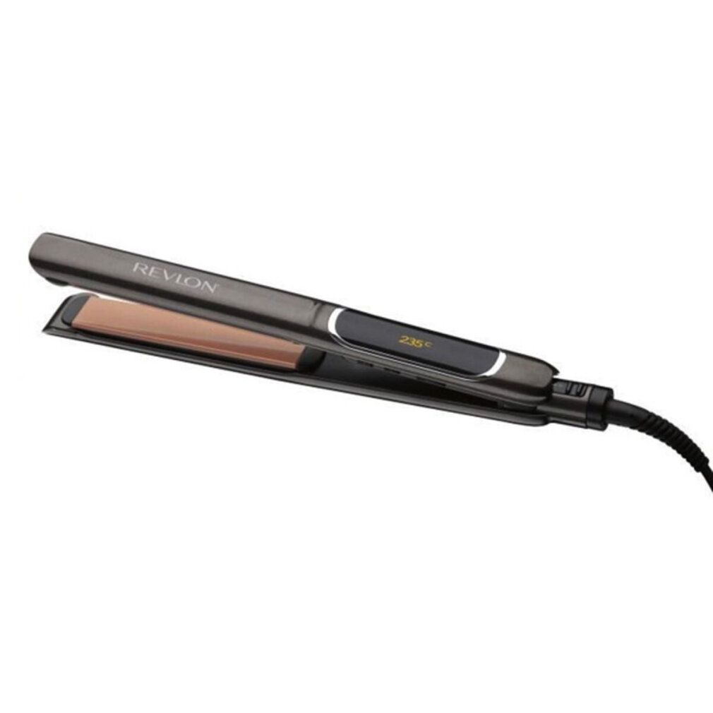 Revlon Glätteisen, schwarzes Gehäuse, kupferfarbene Platten. Digitalanzeige mit Temperatur. Aufschrift: Revlon.