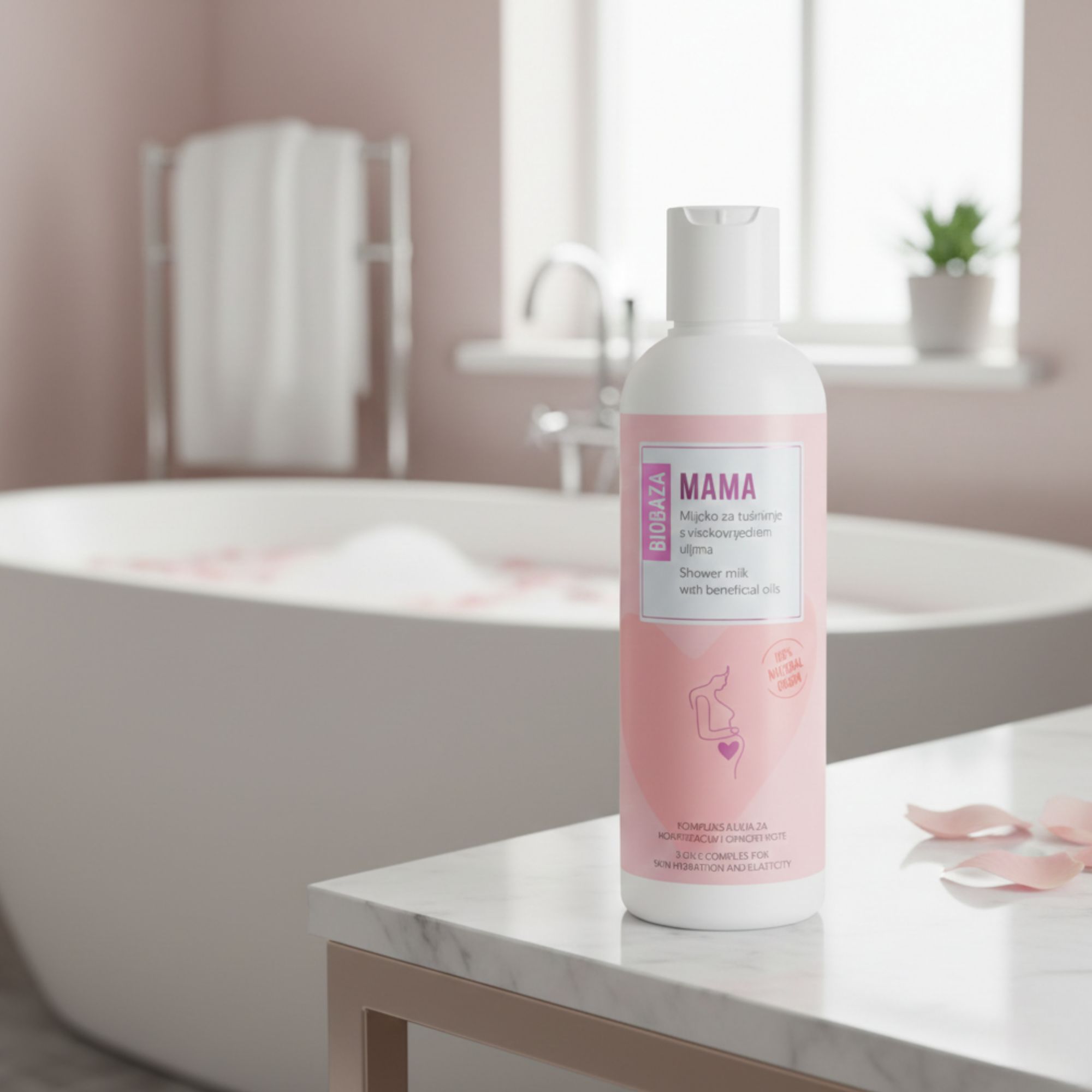Weiße Flasche mit rosa Etikett. Text: Mama, Duschmilch mit Ölen. Logo: Biobaza. Steht auf einer Marmoroberfläche. Badezimmerhintergrund.