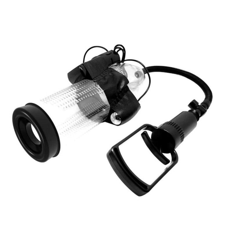 Transparenter Zylinder mit schwarzem Schlauch und Pumpe. Schwarze Pumpe mit Griff. Winkelansicht.