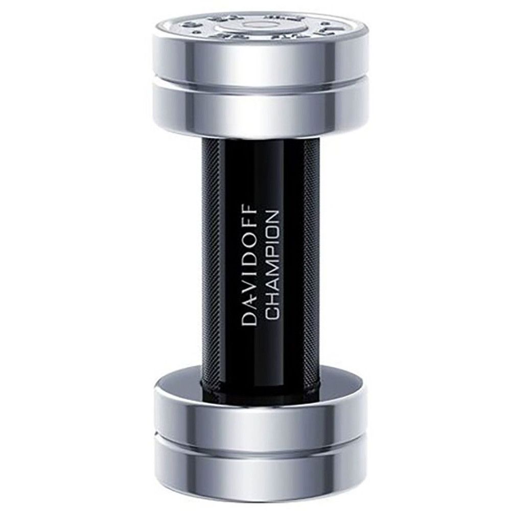 Schwarzer Flakon in Hantelform mit silbernen Enden. Produktname in weißer Schrift.