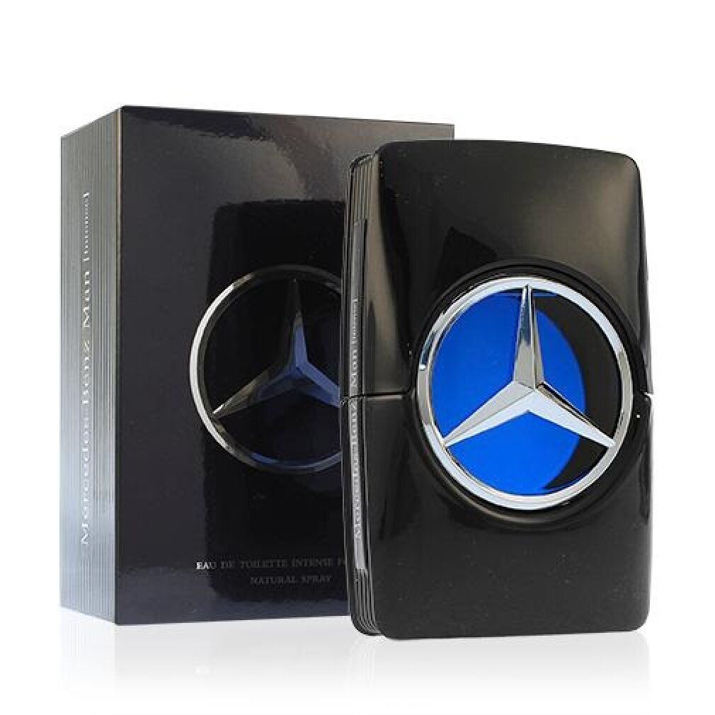 Schwarzer Flakon und Verpackung mit Mercedes-Benz-Logo. Flakon mit blauem Hintergrund.