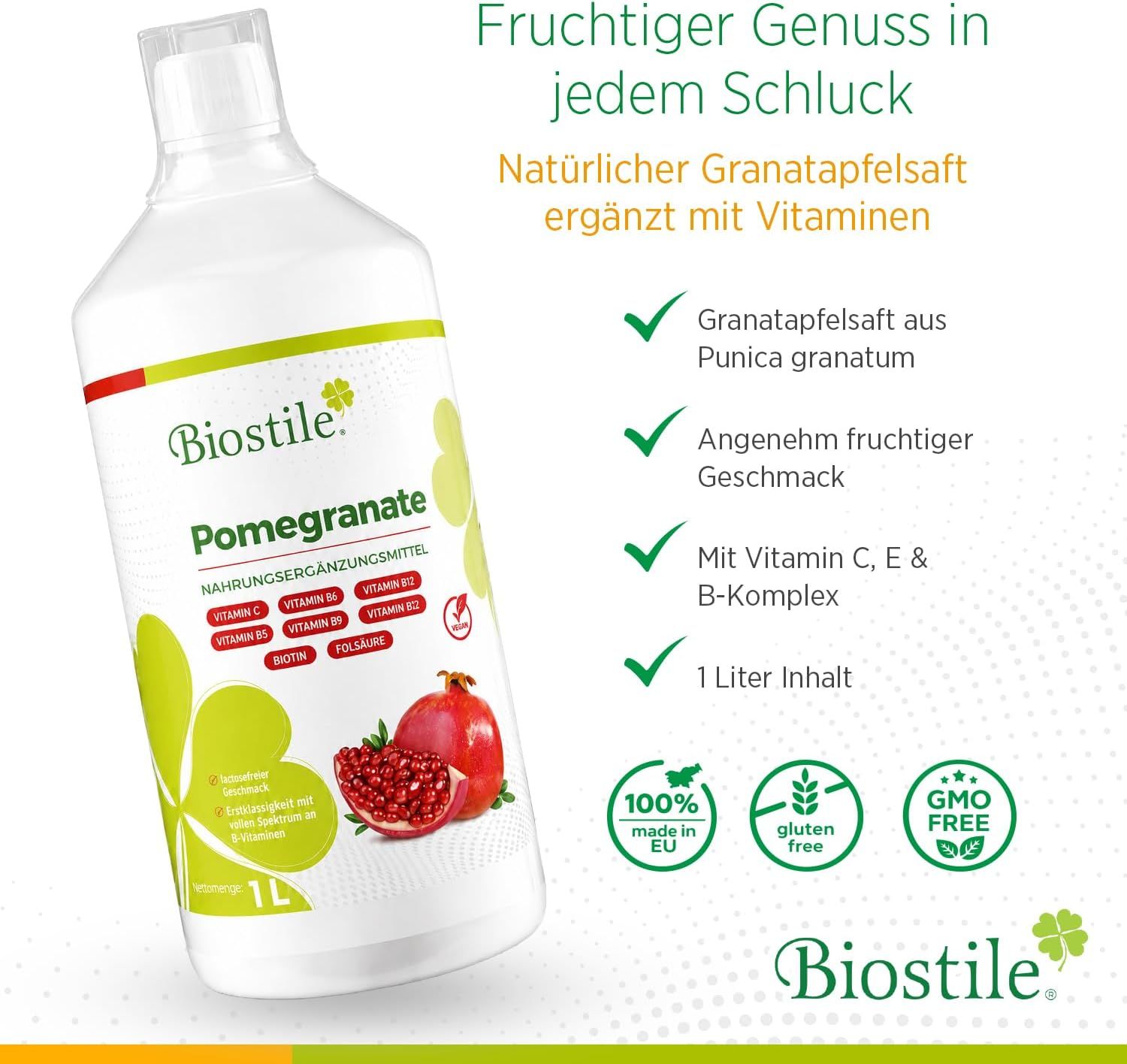 Biostile Granatapfelsaft, 1 Liter. Fruchtig, mit Vitaminen C, E & B-Komplex. 100% EU.