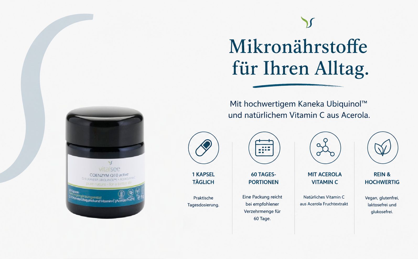 Produktbehälter neben Text und Icons: 1 Kapsel täglich, 60 Tagesportionen, mit Acerola Vitamin C, rein & hochwertig.