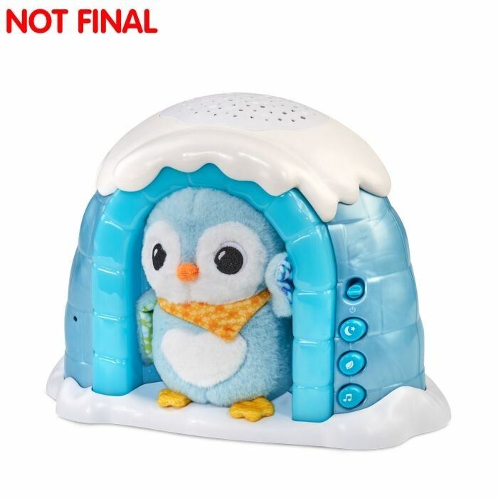 Blauer Pinguin in blauem Iglu mit Lichteffekten. Gelber Schal. Knöpfe an der Seite. Oben Sternenprojektor. Nicht final.