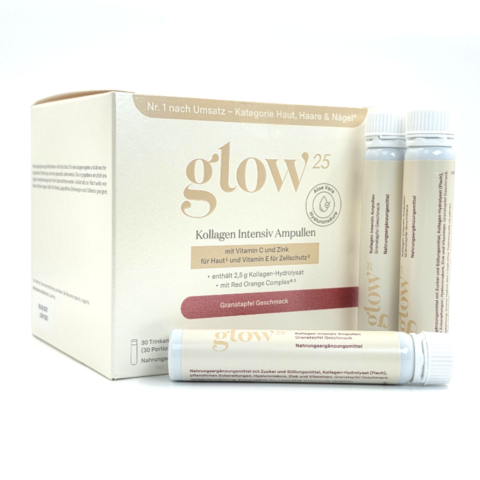 Glow25 Kollagen Intensiv Ampullen mit Vitamin C und Zink, Granatapfel Geschmack.