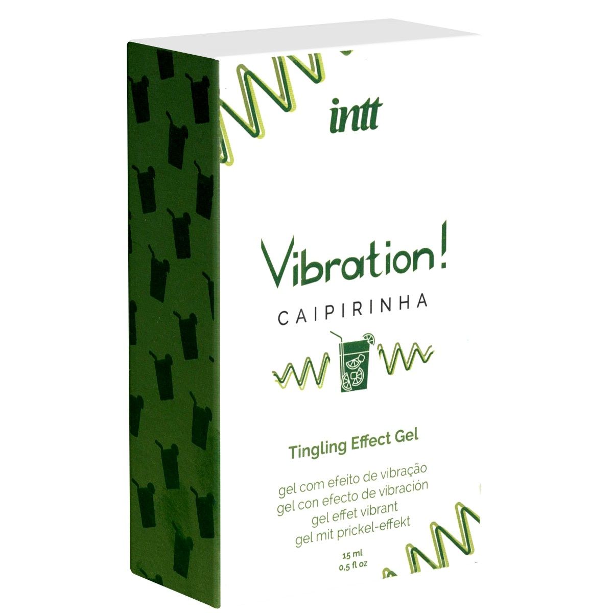 Produktverpackung. Aufschrift: INTT Vibration! Caipirinha, Tingling Effect Gel. Grün-weißes Design. 15 ml.