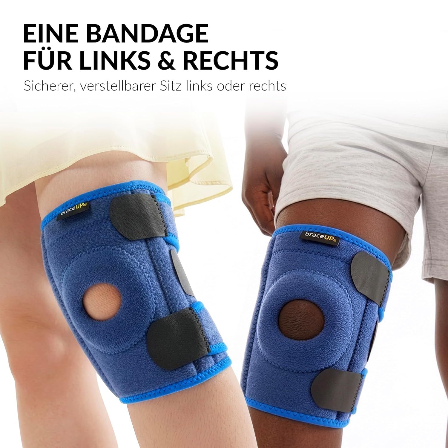 Blaue Kniebandage mit Klettverschlüssen und Patella-Aussparung.