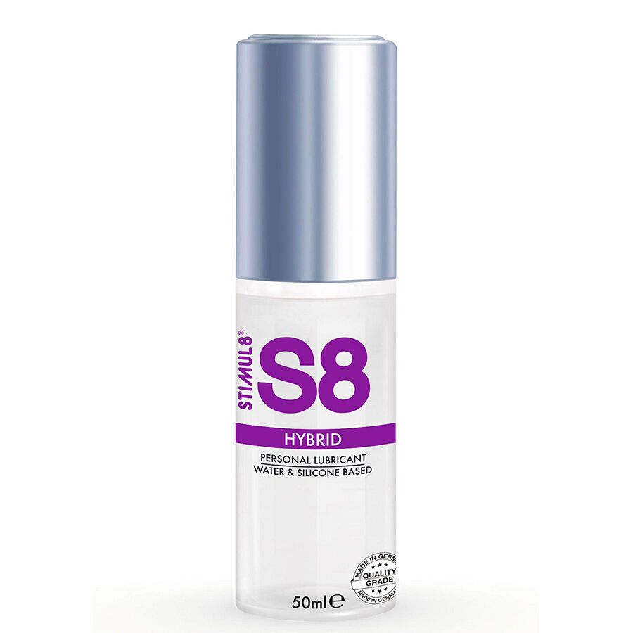 Zylindrische Flasche mit silbernem Deckel. Aufschrift S8 Hybrid, darunter Text. 50ml. Qualitätssiegel.